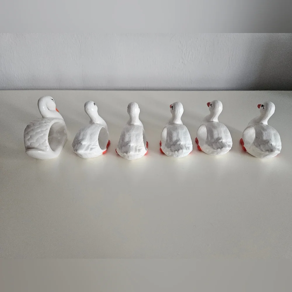 Swan & Ducks White Ceramic Napkin Rings x 6